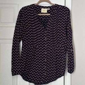 Maeve Blue Pink Polka Dot Abstract Tunic Blouse Size Small Roll Sleeve Light